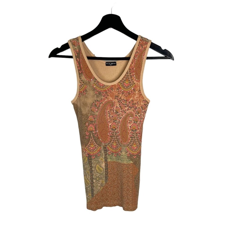 Vintage 90s Tan Paisley Floral Ribbed Tank Top Large